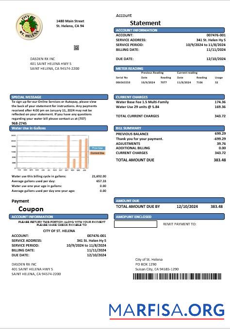Blank USA California City of St Helena business utility bill template in Word and PDF formats
